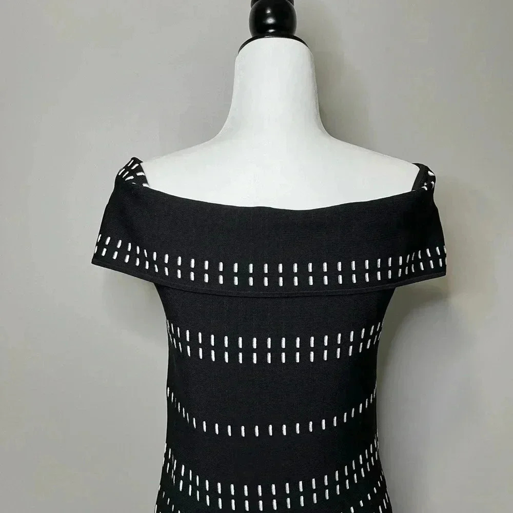 Ever New Melbourne Off the Shoulder Bodycon Dress With Pleated Hem Black White - Picture 5 of 11